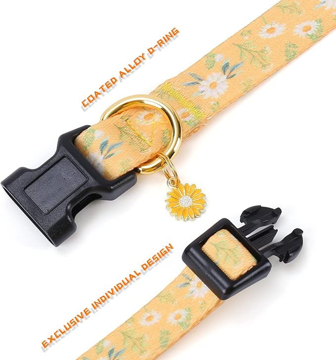 Cotton Handmade Dog Collar for Small Medium Large Dogs,Yellow Daisy with Pendant Cute Dog Collars (Medium)