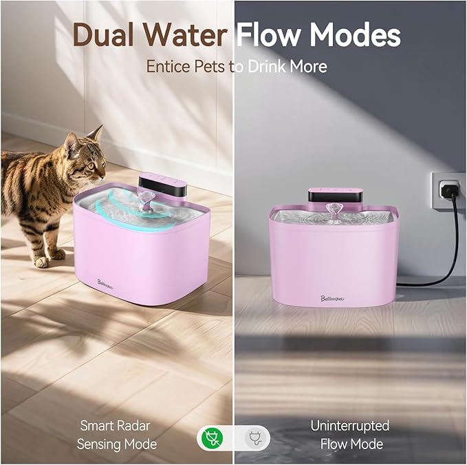 Cat Water Fountain, App Control Wireless Cat Fountain, 122oz/3.6L Pumpless Water Fountains for Cats Indoor with Stainless Steel Tray, Wi-Fi Dog and Pet Water Fountain (Pink, Fountain+2 Fliters)