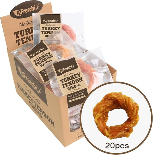 A Freschi srl Turkey Tendons for Dogs, USA-Sourced, Healthy Dog Treats, Rawhide-Free Puppy Chews, Long Lasting, All Natural, Hypoallergenic Dog Treats for Medium Breeds, 20 Count Box Ring (M)