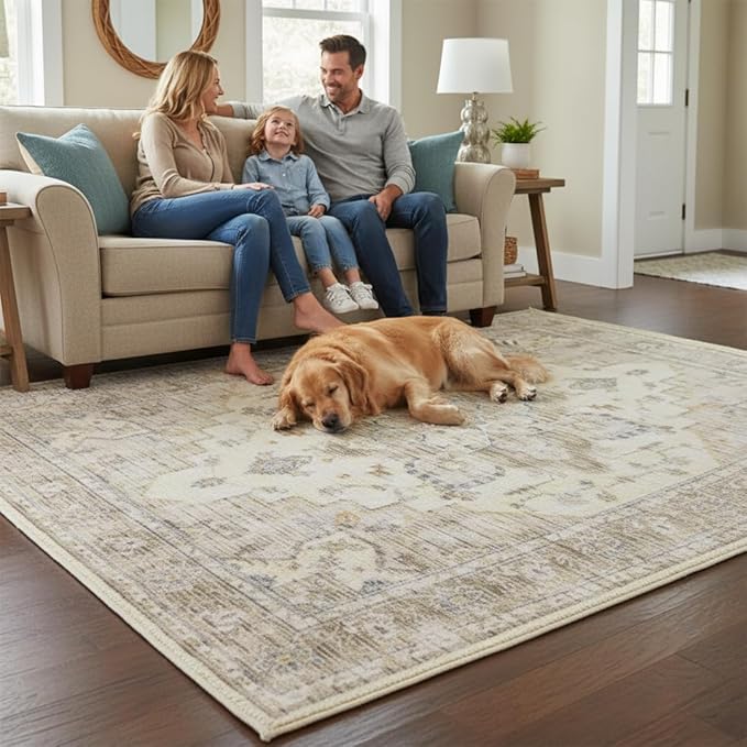 Muddy Mat짰 Tuscany 5ft x 7ft Washable Area Rugs for Living Room, Bedroom & Dining Room ??Modern Soft Low Pile Non Slip Carpet ??Pet Friendly Waterproof Foldable Rugs for Home