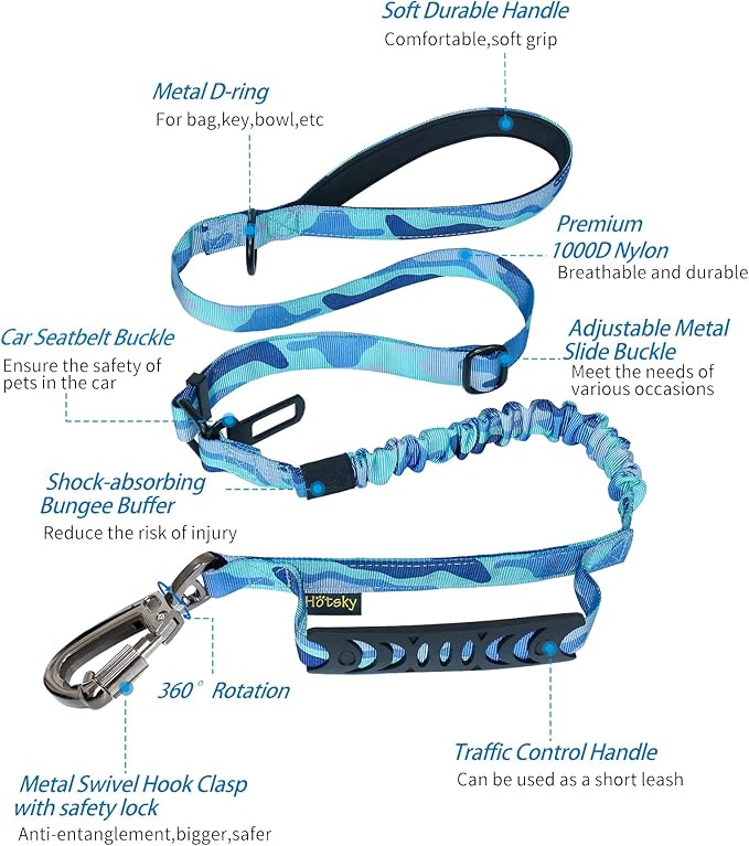 Hotsky Tactical Dog Leash Heavy Duty for Medium Large Dogs That Pull,4-6Ft Strong Bungee Shock Absorbing No Pull Dog Leash with Padded Double Handle and Car Seatbelt,Purple Camo
