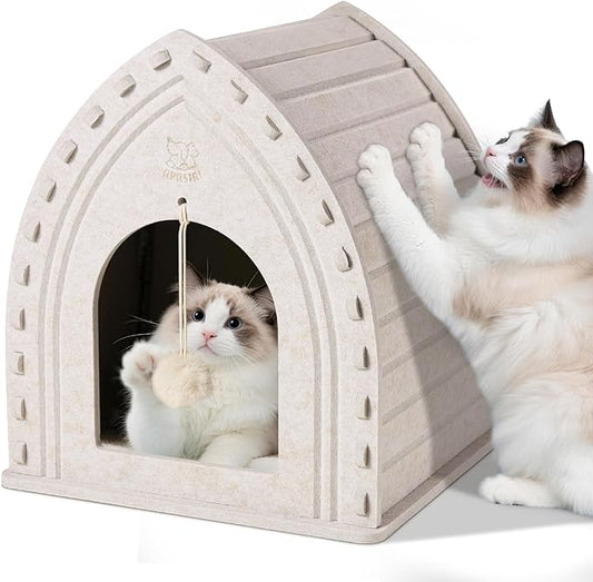 Apasiri Cat Houses for Indoor Cats: Cozy Indoor Pet Shelter with No-Tool Assembly, Thermal Enclosed Cathouse & Scratcher House for Anxious Kittens, 11.6x11.6x13.8 Inches