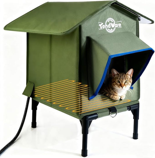 Outdoor Cat House Heated Cat House for Outside with Elevated Base Cat-Attracting Eave Design Feral Stray Shelter Weatherproof in Winter Garage Yard Porch