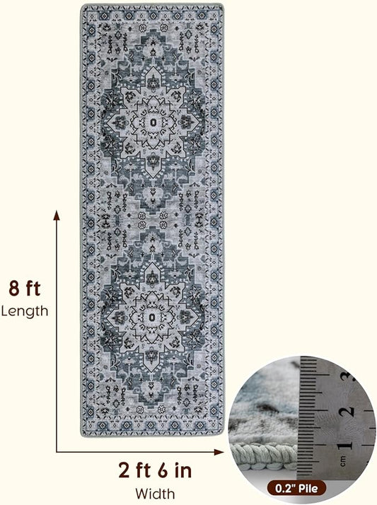 LBRO2M Boho Washable Runner Rug 2'6“X8’ Dusty Blue Washable Hallway Runner Rugs Non Slip Low Piles Rugs, Soft, Area Rug Runners for Hallways, Bedroom, Kitchen Laundry Room (2'6"X8', Dusty Blue)