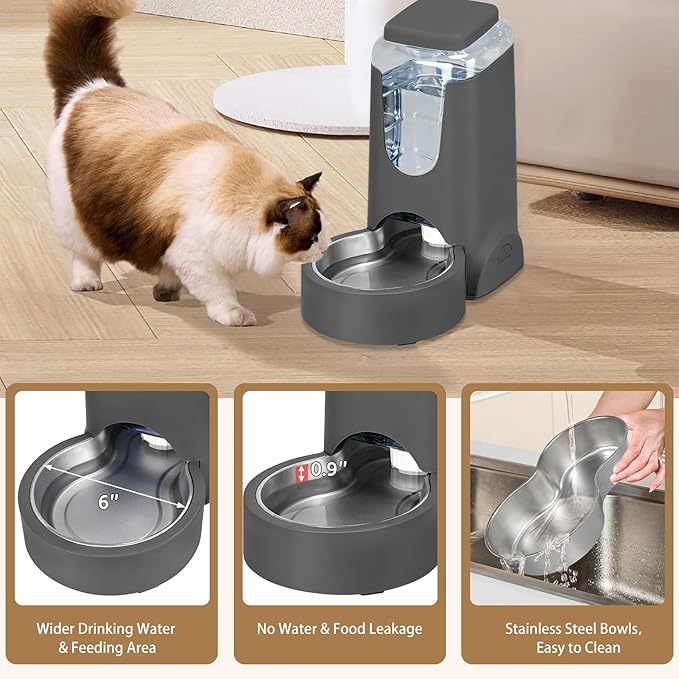Automatic Cat Water Feeder and Food Bowl, Gravity Stainless Steel Cat Waterer Set for Small Medium Kitten Puppy Pets(1 Gallon + 12oz，Grey)