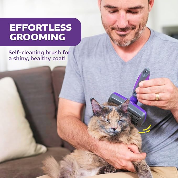 Hertzko Self-Cleaning Slicker Brush - Cat and Dog Brush for Shedding, Tangles and Dirt - Gentle Grooming Tool for Sensitive Skin - Pet Hair Remover for Long and Short Coats - Purple
