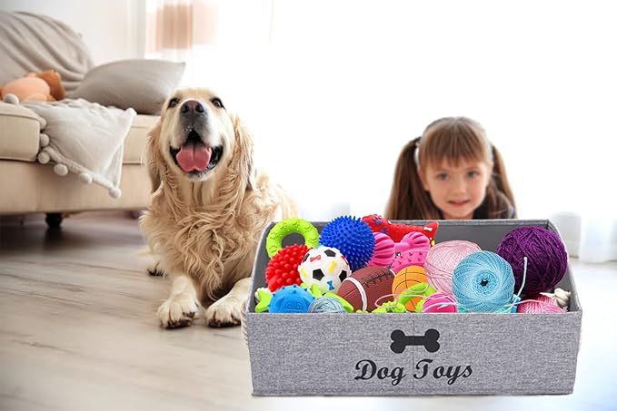 Geyecete Large Dog Toys Storage Bins-Foldable Fabric Trapezoid Organizer Boxes with weave Rope Handle,Collapsible Basket for Shelves,Dog Apparel(Snow Gray-DOG)