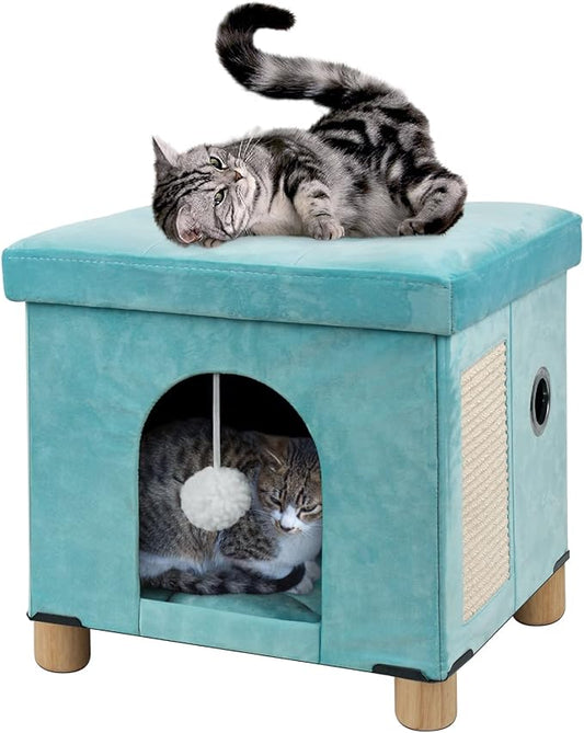 BRIAN & DANY Foldable Cat House, Cat Cave, Cat Cube with Scratch Board & Ball, 12.5" x 14.5” x 14.1”, Green