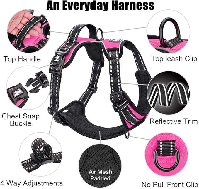 PoyPet No Pull Dog Harness, Reflective Comfortable Vest Harness with Front & Back 2 Leash Attachments and Easy Control Handle Adjustable Soft Padded Pet Vest for Small to Large Dogs (Pink,XS)