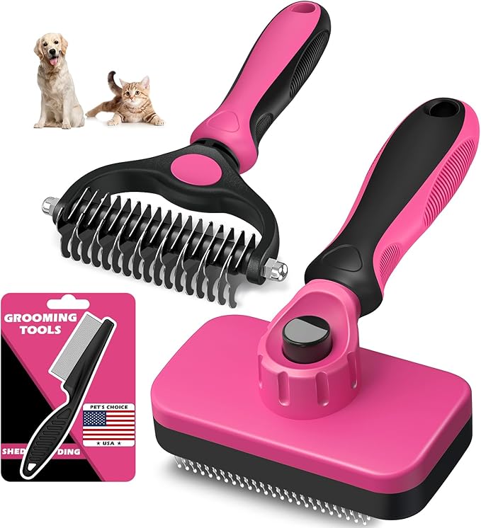 3PCS Self Cleaning Slicker Brush & Pet Grooming Rake & Flea Comb for Dogs,Cats and Horses | Double-Sided Dematting Comb & Skin Friendly Deshedding Grooming Tool (Red)