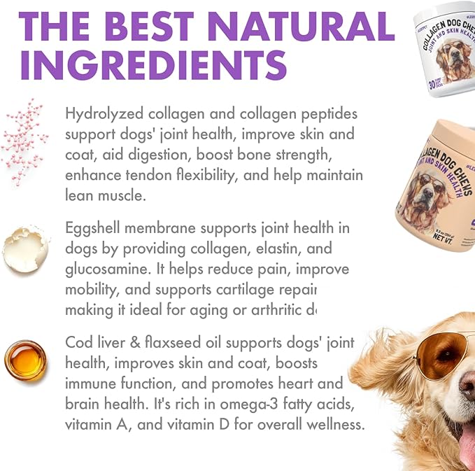 Collagen Dog Chews for Joint & Skin Health 120 Soft Chews All Breeds Mobility, Cartilage Repair & Pain Relief Hip & Joint Skin Coat Anti-inflammatory Support Eggshell Membrane Senior & Adult Dogs