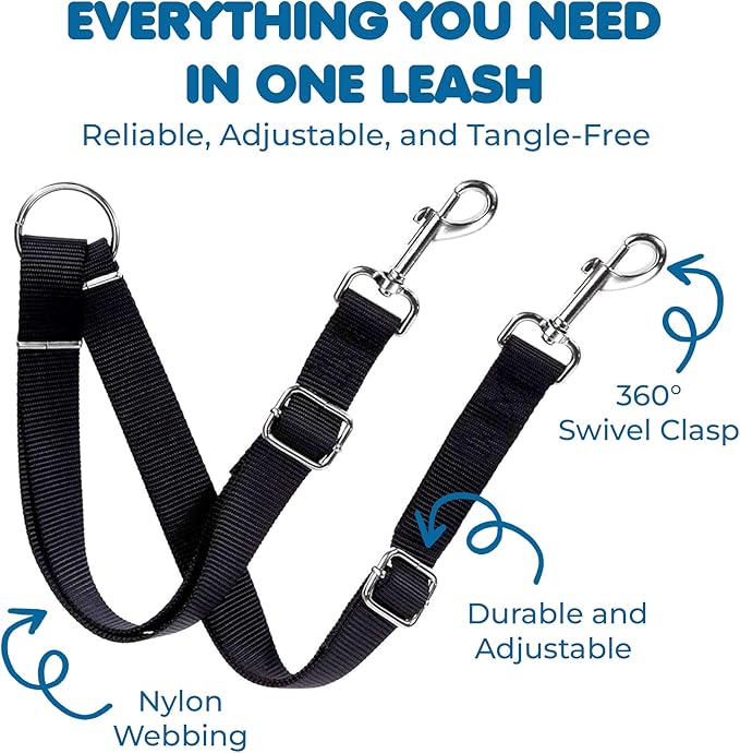 SunGrow 16-24" Adjustable Double Dog Walker Leash, Lightweight Dual Lead with 360째 Swivel Zinc-Alloy Clips, Durable Polypropylene Strap, Fits Small to Medium Breeds, Ideal for Daily Walks & Training