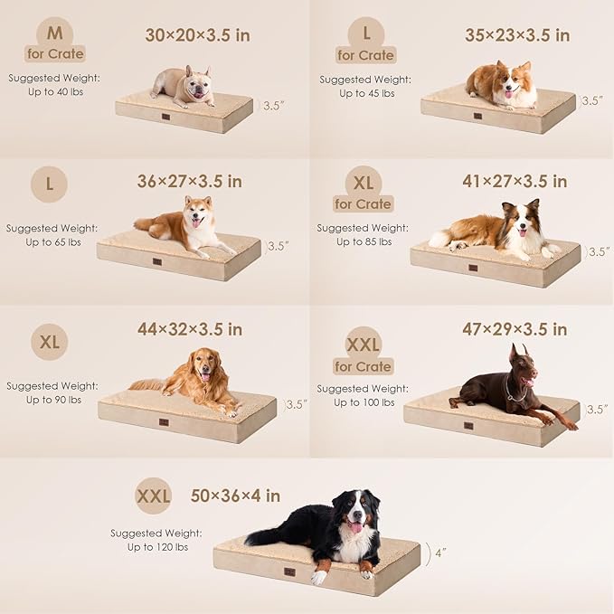 EHEYCIGA Orthopedic Dog Beds for Large Dogs with Removable Washable Cover for Crate, Khaki, 35x23