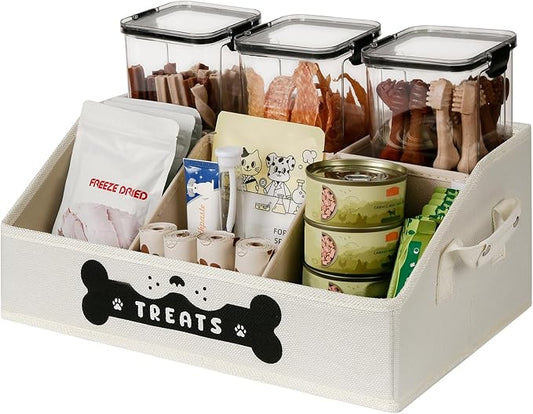 Dog Treat Container, Dogs Storage Organizer with Removable Dividers, Collapsible Dogs Treat Holder for Countertop, Trapezoid Pet Treats Containers, Dog Toy Basket with PU Handles, Medium, Beige