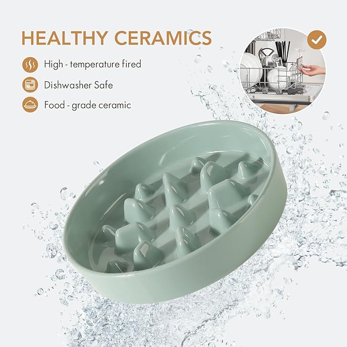 Ceramic 1.6 Cup Dog Raised Slow Feeder Set, Elevated Bowl with Wooden Stand for Medium and Large Dog, 8.2inch Slow Feeder Dish for Fast Easters, Anti-Gulping(Light Green, Single Bowl+ Stand)