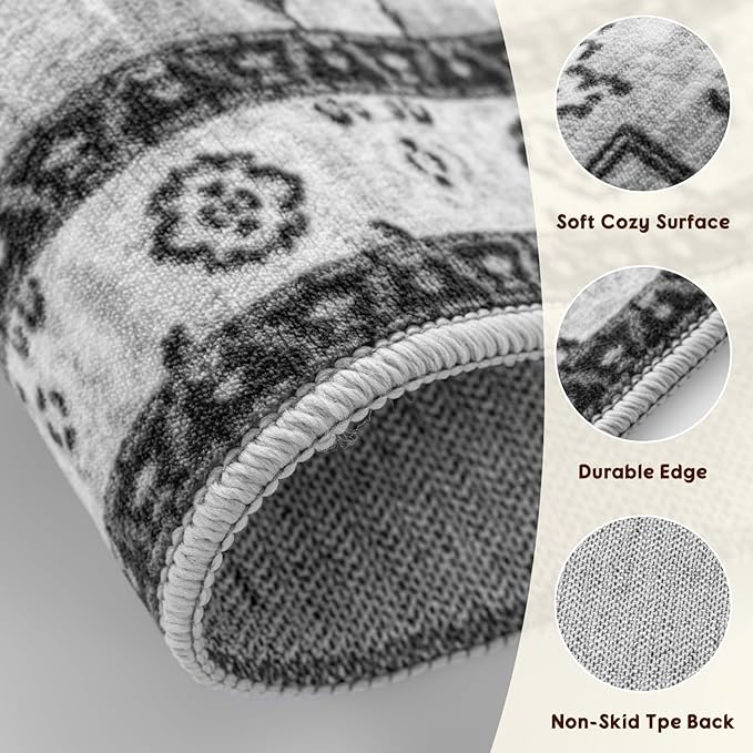 LBRO2M Boho Area Rug 5X7 Washable Rugs for Bedroom Low Piles Indoor Carpet, Non Slip Soft Rug for Living Room, Dining Room, Gray Rug Foldable Pet Friendly Area Rugs Stain Resistant (5'X7' Light Gray)
