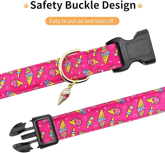 Cotton Dog Collar,Adjustable Cute Puppy Collar with Moon Patterned Design for Small Medium Large Dogs,Soft and Fancy Pet Collar with Safety Buckle for Girl Boy Dogs (Red Ice Cream, Medium)