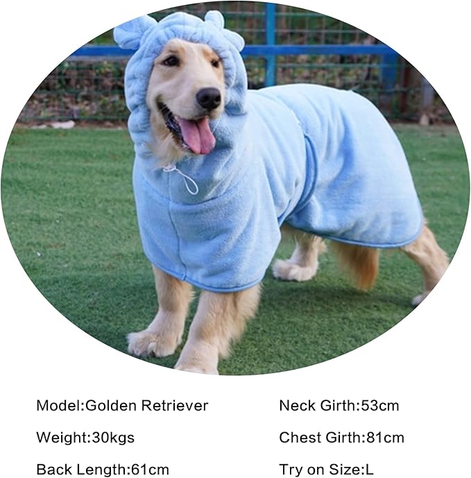 Pet Bathrobe for Dog Cat Absorbently Quick Drying Coat Cute Dogs Bath Towel Hooded Robe Adjustable Collar & Belly Strap for Pool Beach (Blue, Large)