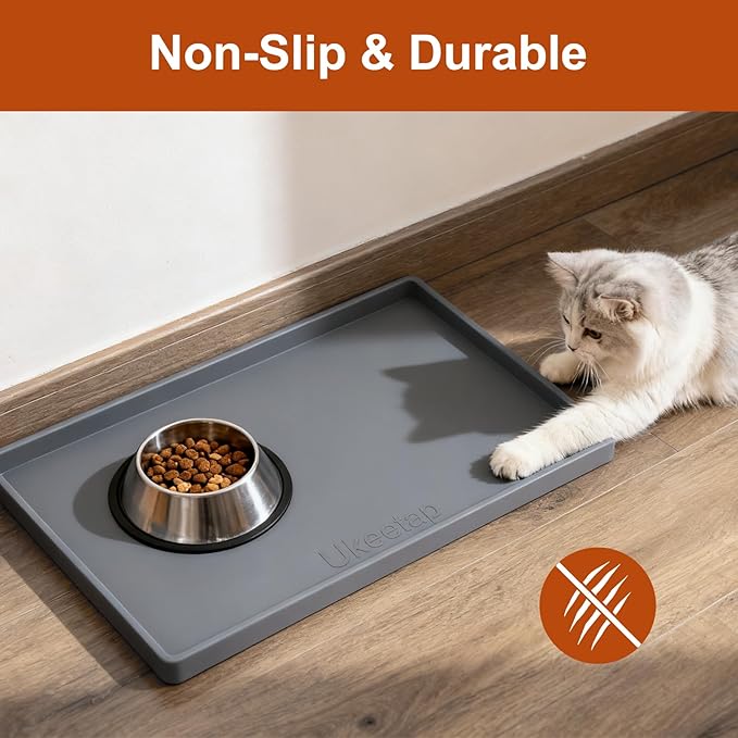 19” x 12” Extra Thick Waterproof Silicone Mat with Raised Edge, BPA Free Non-Slip Dog & Cat Food Mat, Feeding Mat for Food and Water Bowls, Spill Proof Mat to Protect Floors, Gray