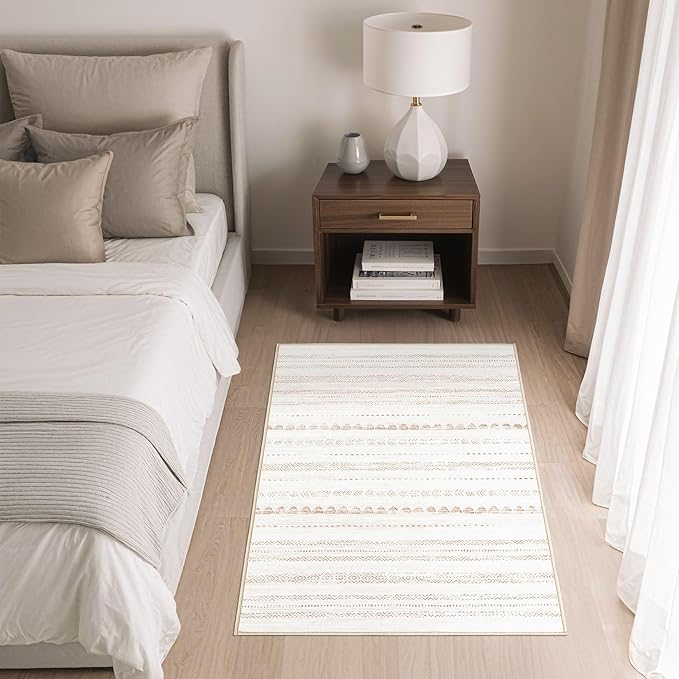 Nakagishi 2X3 Rug Washable Area Rug: Small Soft Boho Farmhouse Neutral Moroccan Non Slip Indoor Low Pile Accent Floor Throw Carpet for Bedroom Bathroom Entryway Kitchen Hallway Closet Home- Brown