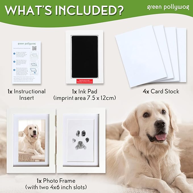 Green Pollywog | Paw Print Pet Keepsake Hinge Photo Frame + Ink Pad Kit | Dog Paw Print Kit | Extra-Large Ink Pad Included | 4 x 6 Picture Openings
