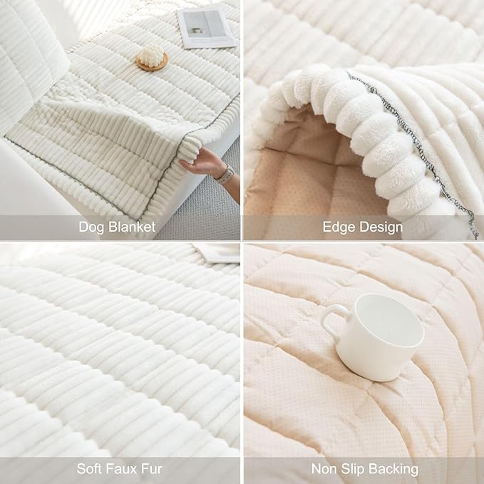 Faux Fur Plush Dog Couch Cover 3D Stripe Fuzzy Sofa Cover Non-Slip Fluffy Dog Bed Cover Pet Blanket Sofa Couch Furniture Protector for Puppy Large Dog Cat (Cream,35"x94")