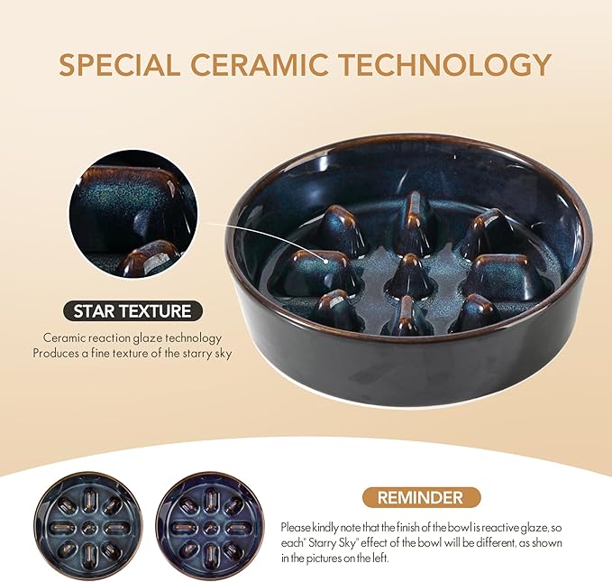 Ceramic 0.9 Cup Raised Slow Feeder Dog Food and Water Bowl Set, Elevated 6.1inch Bowl and 6.1inch Dish with Acacia Wood Stand for Small Dogs (2 x Starry Sky+ Stand)