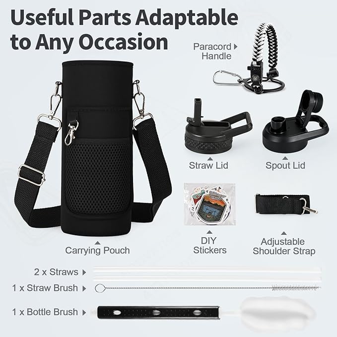 40 oz Insulated Water Bottle with Straw (Cold for 48 Hrs), Stainless Steel Triple Wall Vacuum Sports Water Jug, Leakproof Hydro Cup Flask with Paracord Handle & Straw Spout Lids & DIY Stickers