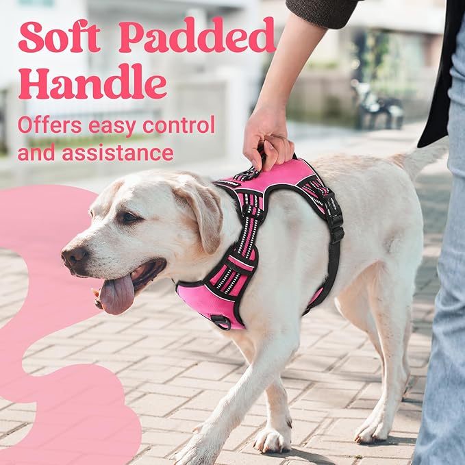 rabbitgoo Dog Harness for Large Dogs, No Pull Pet Harness with Soft Padded Handle, Adjustable Reflective Vest with 3 Buckles, Easy Walking Harness with 2 Leash Clips, Pink, L