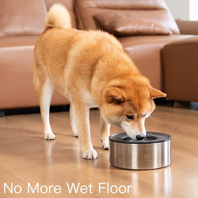 2L No Spill Water Bowl for Dogs, Double-Wall Stainless Steel with Splash-Proof Paws Lid and Floating Disk, Non-Slip Base, Easy to Clean Slow Water Feeder for Small Medium Dogs