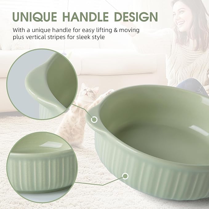 Cat Food Bowl with Handle, 6 inch Ceramic Cat Food and Water Feeder Set, Modern Vertical Texture Design, Kitten Bowls for Indoor Cats and Small Dogs, Microwave Dishwasher Safe, Green - 2 Pack