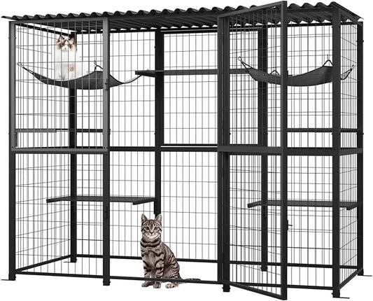 ROOMTEC Outdoor Catio with Roof Metal Large Cat Enclosure with 5 Jumping Platforms and 2 Hammocks Cat Cage Enclosure for Cat Activity (Black)
