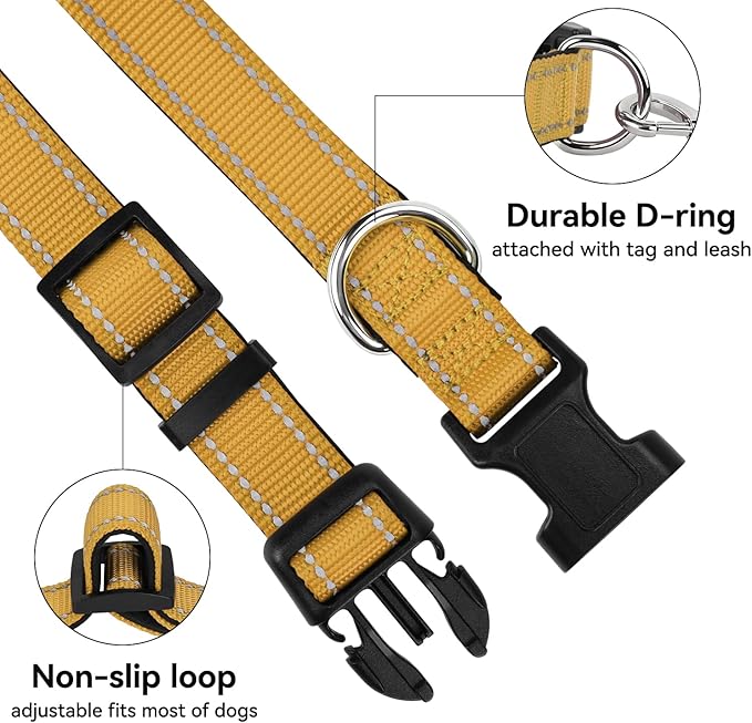 Reflective Dog Collar for Mediunm Dogs, Adjustable Collar with Soft Neoprene Padded, Durable Buckle for Daily Walking,Khaki,M, 1" Width