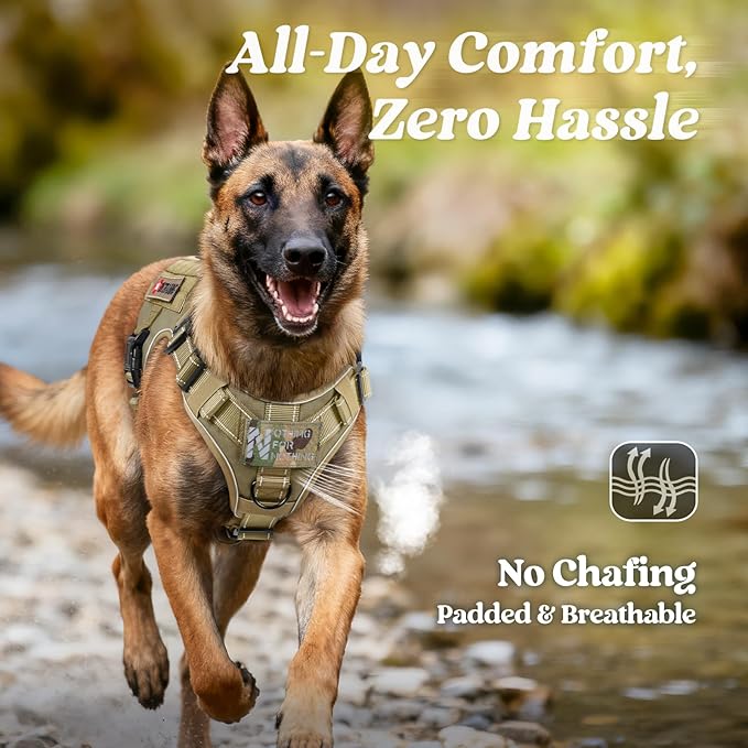 rabbitgoo Tactical Dog Harness Medium Large Sized, No Pull Upgraded Reflective Heavy Duty Molle Vest with Handle, Adjustable Military Service Dog Vest for Walking Hiking Training, Brown, M