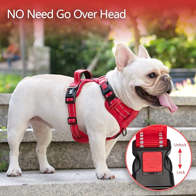 PoyPet No Pull Dog Harness, No Choke Reflective Dog Vest, Adjustable Pet Harnesses with Easy Control Padded Handle for Small Medium Large Dogs(Red Matching Trim,XS)
