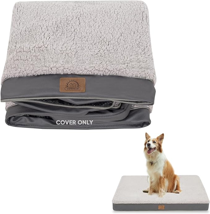 Sunheir Washable Large Dog Bed Covers Soft Plush Replacement, Waterproof Dog Bed Liner, Pet Bed Cover with Zipper 35x22x3 Inches, Grey, Cover Only