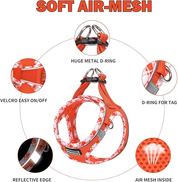 Mercano Soft Mesh Dog Harness and Leash Set, No-Chock Step-in Reflective Breathable Lightweight Easy Walk Vest Harnesses with Safety Buckle for Small Dogs, Cats (Tangerine, XS)