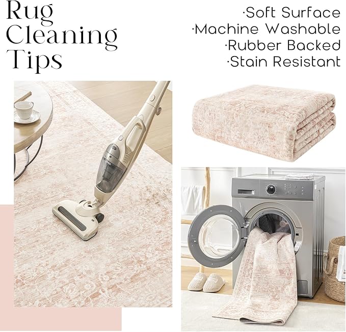 Light Pink Bedroom Rugs 6x9 Vintage Distressed Aesthetic Cute Boho Floral Feminine Low Pile Soft Carpet Machine Washable Stain Resistant Area Rugs for Kids Room Nursery Playroom Office 6 x 9