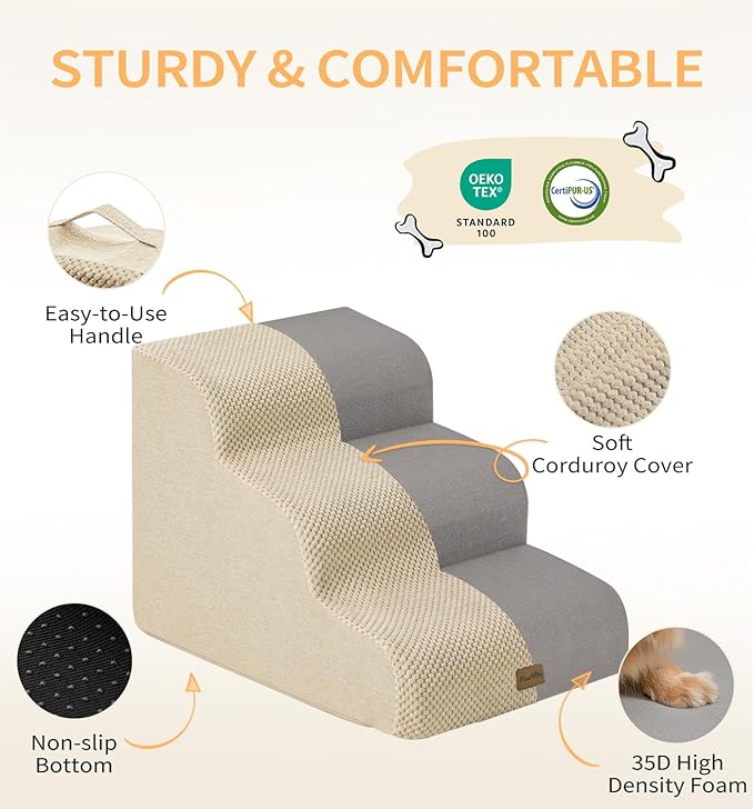 Made4Pets Dog Stairs Ramp for Small Dogs 15.7" H, 3-Step Dog Steps for Bed Couch Sofa and Chair, 35D Foam Pet Steps for Small Dogs and Cats, Non-Slip Bottom Pet Stairs, Beige