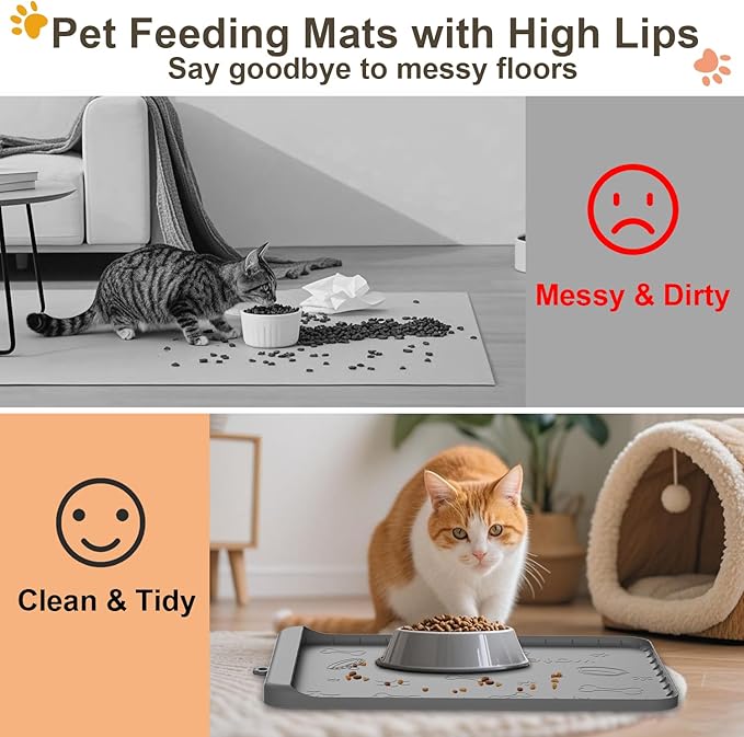 Dog Food Mat - Silicone Dog Mat for Water - 19" x 12" Pet Feeding Mats with Residue Collection Pocket - Waterproof Cat Bowl Mat with High Edges to Prevent Water Food Spills (Gray)