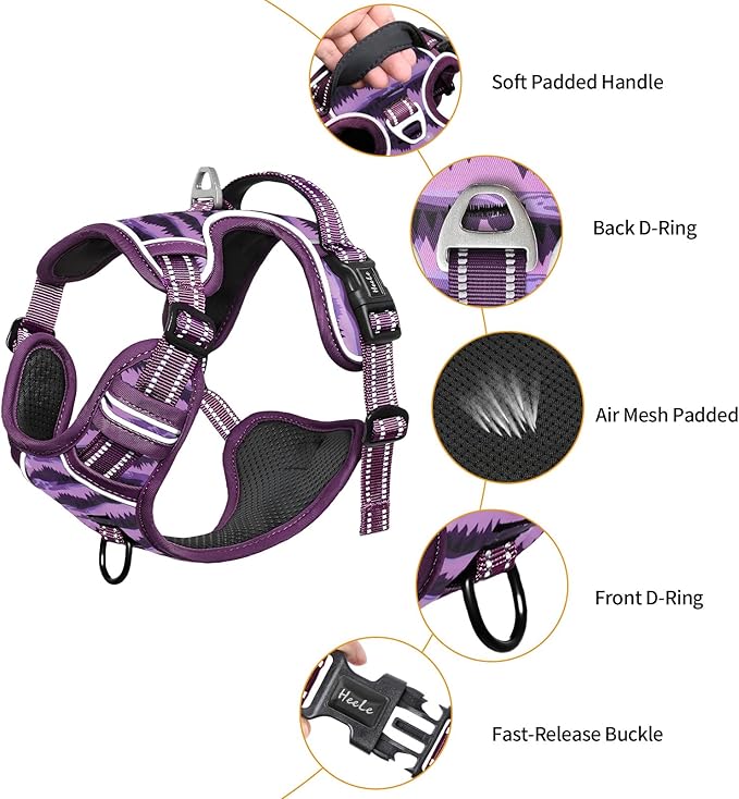 HEELE Dog Harness, No Pull Adjustable Padded Reflective Harness for Small Medium Large Dogs with Handle for Walking Training, Moon Night, L