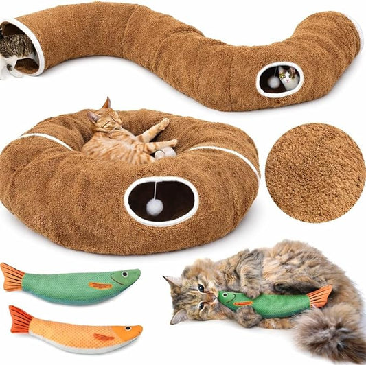 R1M Cat Tunnel Bed for Indoor Cats, Cute Cat Donut Tunnel Toys for Small, Larger Cats with Two Fish Cat Toys, Round Pet Peekaboo Cave Toy for Kitten, Brown