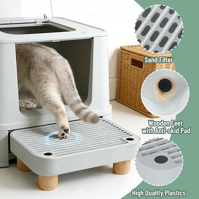 Litter Box Ramp, Cat Litter Catcher Mat with Wooden Feet, Filter Function, Litter Box Step for Small & Elderly Cats, Fits Automatic Litter Boxes (Light Grey)