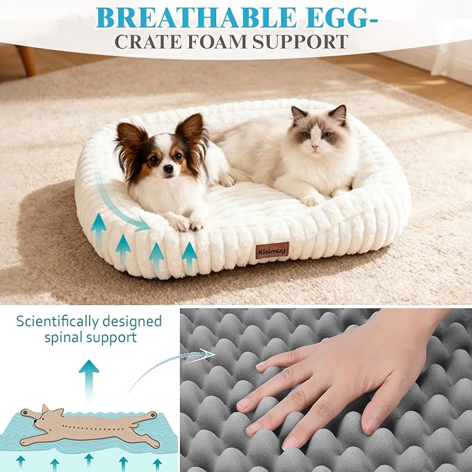 Washable Dog Bed Medium Size Dog, Soft Plush Calming Puppy Bed with Anti-Slip Bottom & Portable Handle, Cream Orthopedic Rectangle Anti-Anxiety Small Pet Kennel Bed, 30" x 24" x 5"