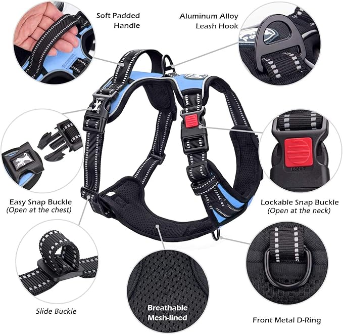 PoyPet No Pull Dog Harness, No Choke Front Lead Dog Reflective Harness, Adjustable Soft Padded Pet Vest with Easy Control Handle for Small to Large Dogs(Light Blue,S)