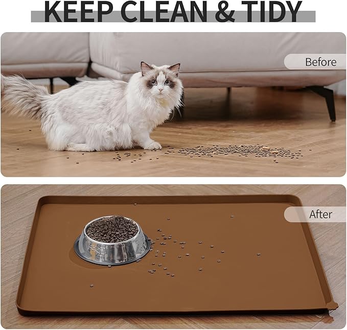 Waterproof Pet Feeding Mat with High Raised Edges, Heavier and Thicker Placemats for Cat Dog Water Bowl with BPA Free, Dogs Cats Food Mats for Messy Drinkers to Prevent Spill and Protect Floors