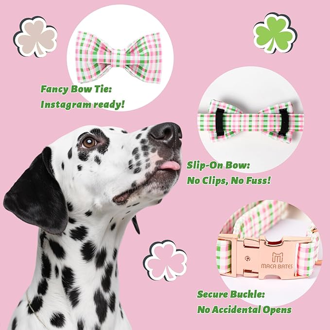Maca Bates St. Patrick's Day Irish Plaid Dog Collar with Fancy Bow Tie,Cherry Pink Green Gingham Pattern for Extra Small Girl Boy Dogs,Adjustable Durable Soft Collars Gift for Male Female Puppy
