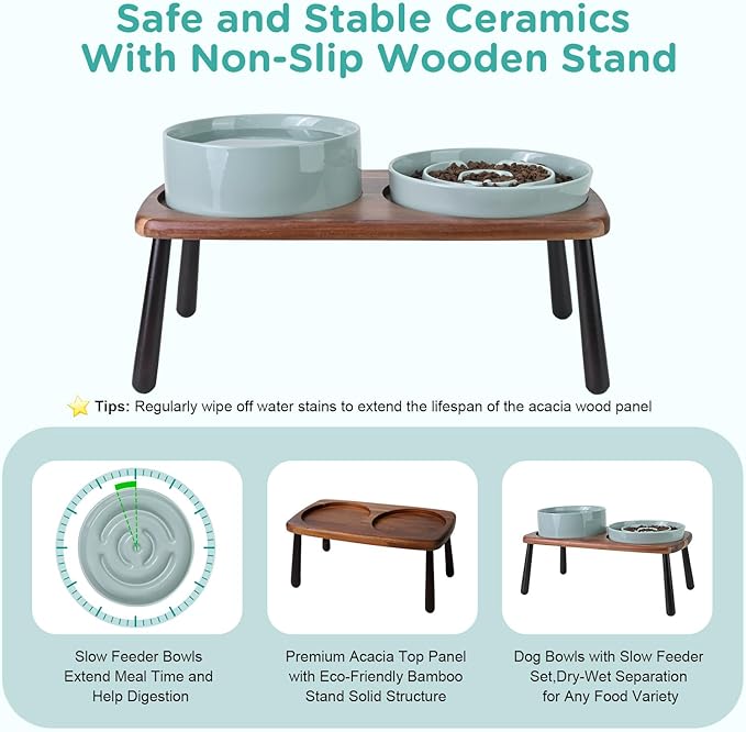 SPUNKYJUNKY Ceramic Elevated Dog Bowls with Slow Feeder Raised Acacia Bamboo Wooden Stand, 8.3'' Dog Food Water Bowls Set Non-Slip for Medium Large Sized Breed Microwave Dishwasher Safe - Light Green