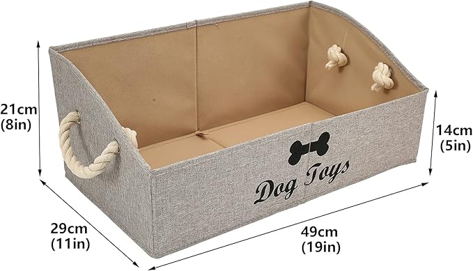 Geyecete Large Dog Toys Storage Bins - Foldable linen Trapezoid Organizer Boxes with weave Rope Handle, Collapsible Basket for Shelves (Light Brown-DOG)