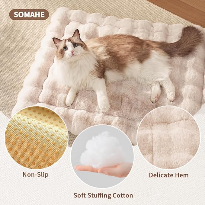 Self-Warming Cat Bed, Plush Faux Fur Pet Bed Mat with Anti-Slip Bottom, Ultra Soft Heated Pad for Cats & Kittens, Cozy Fluffy Bed for Window & Sills Couches, Machine Washable, 23x15 Inch White